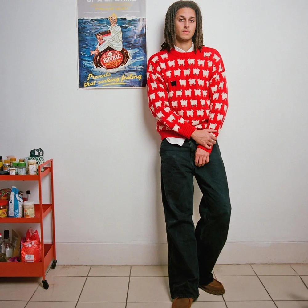 Red Sheep Pattern Crewneck Sweater - White & Black Motif